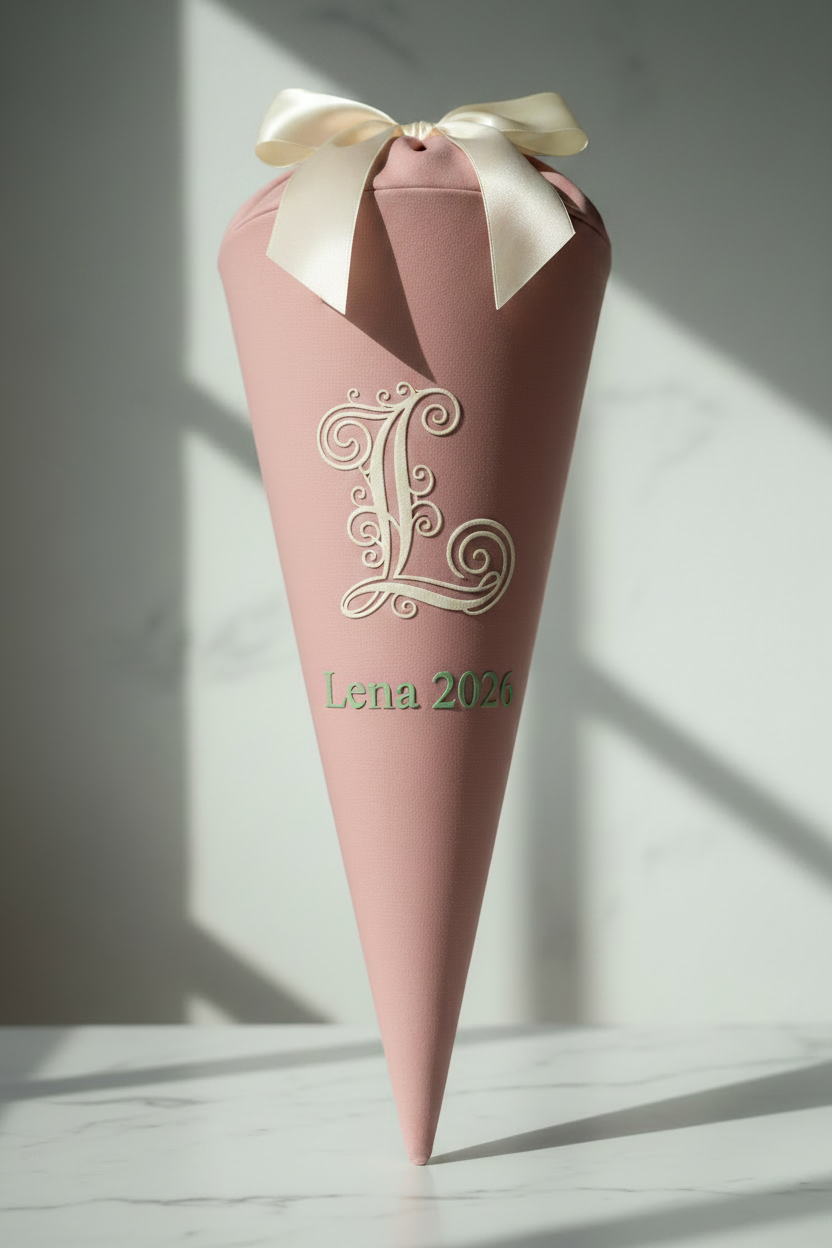 Elegante Schultüte mit Schleife und verziertem Buchstaben
