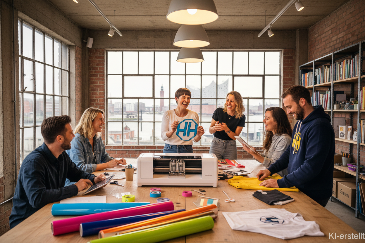 Firmenevent Team am Plotter, KI generiert
