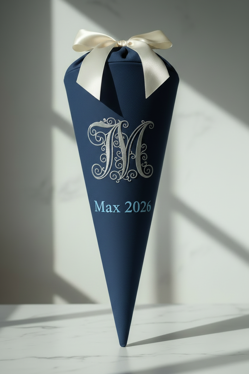 Elegante Schultüte mit Schleife und verziertem Buchstaben fuer Jungen